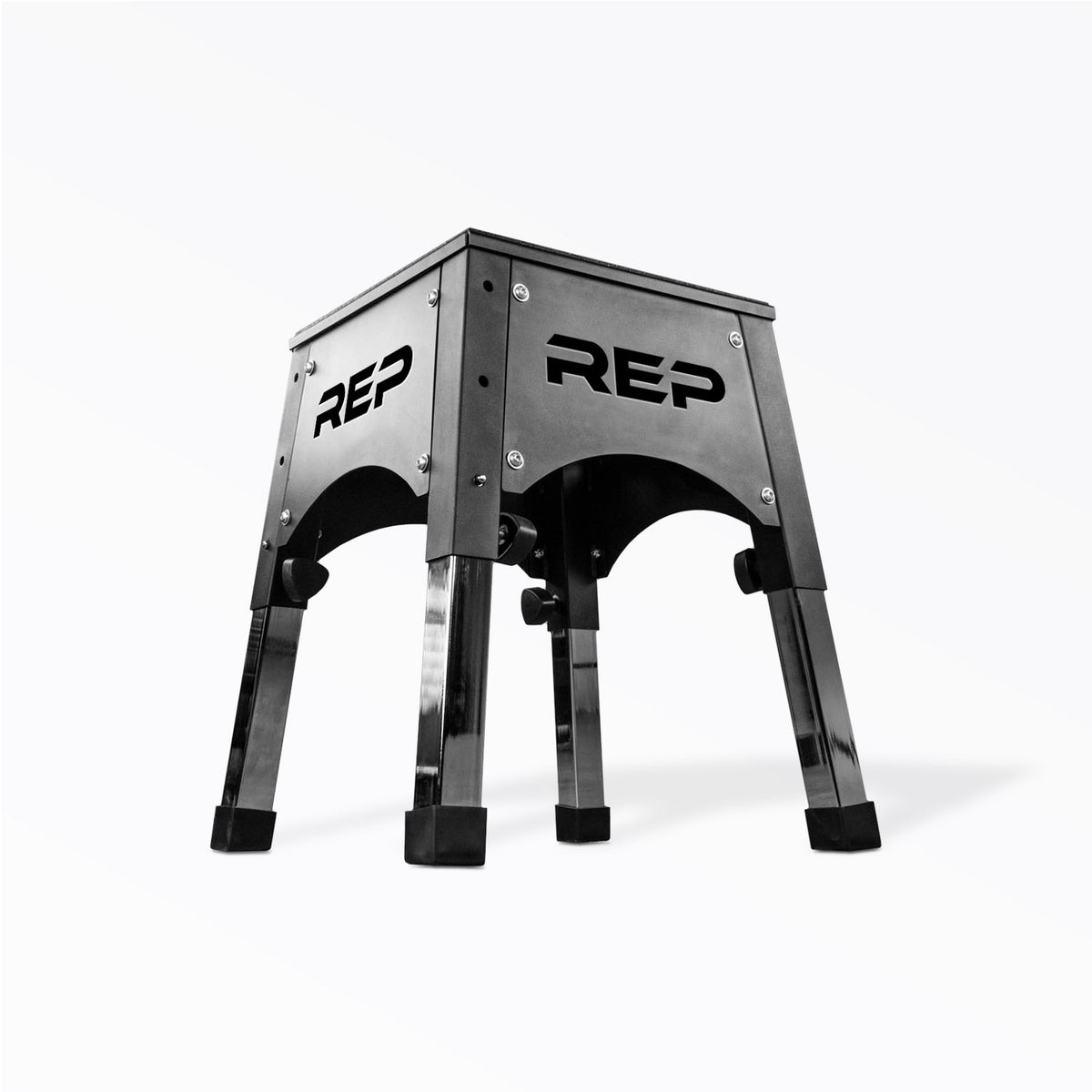 REP Adjustable Plyo Box shown as a black steel stool with open sides and four corner legs