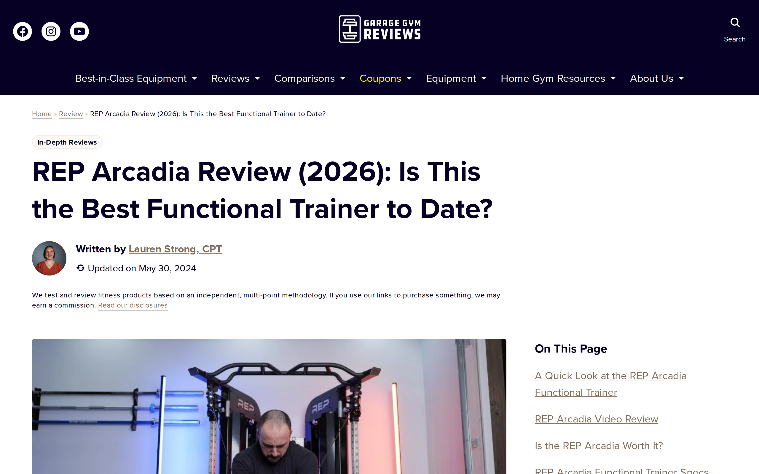 Garage Gym Reviews' REP Arcadia review page with a photo of a man performing a chest fly