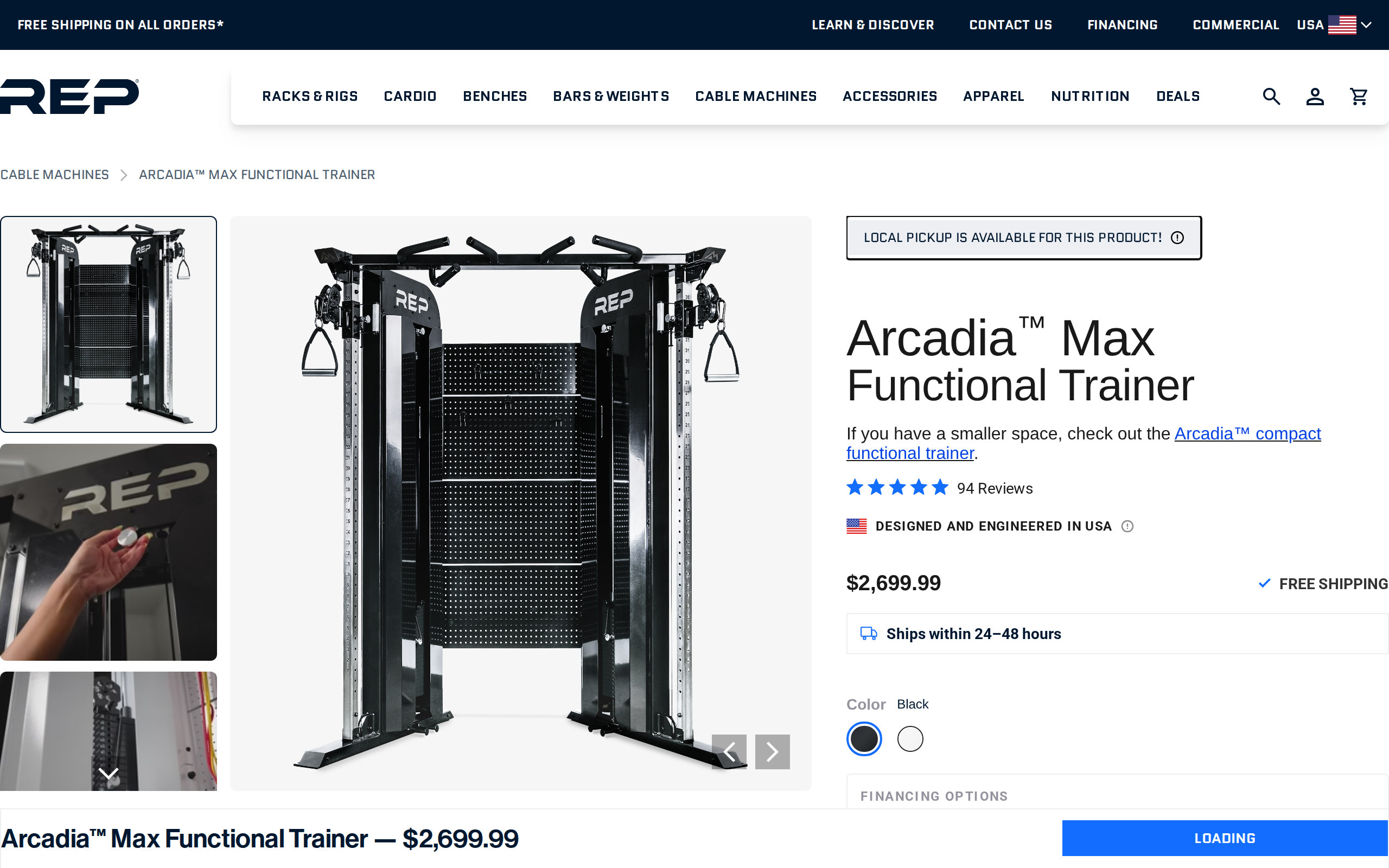 REP Fitness page for the Arcadia Max Functional Trainer at $2,699.99, with a note pointing smaller spaces to the compact Arcadia