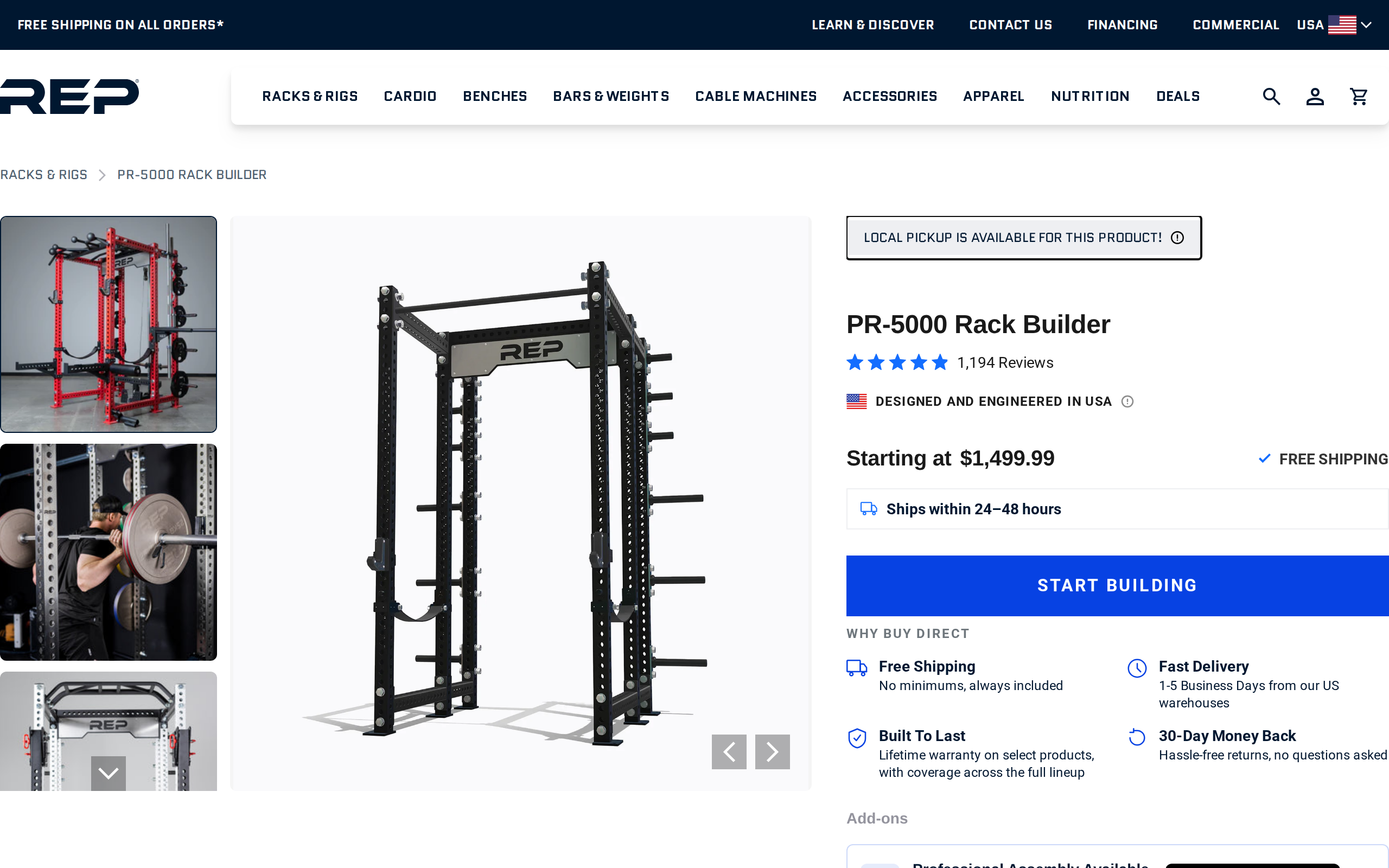 REP's PR-5000 Rack Builder page with a black rack and a starting price of $1,499.99