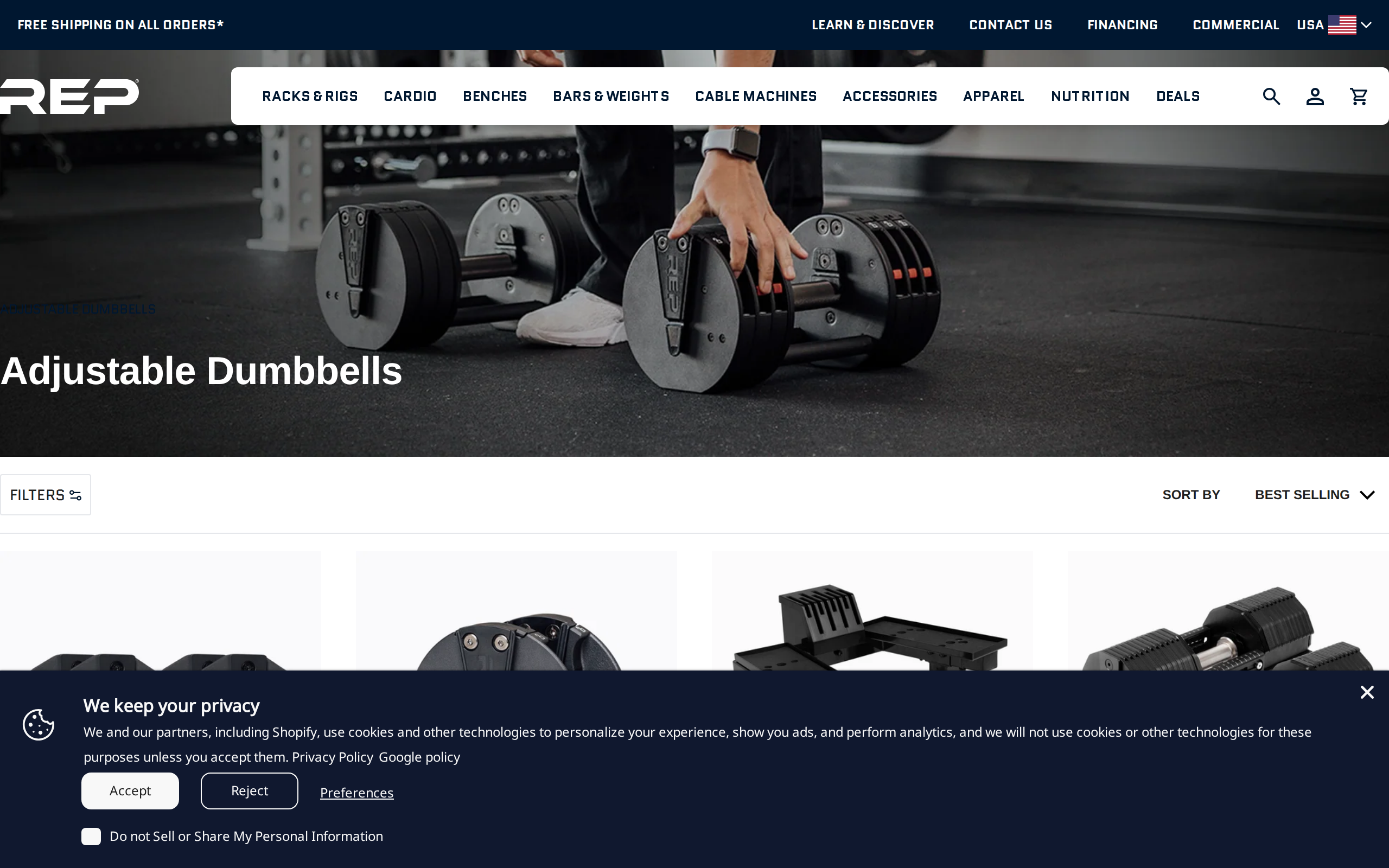 REP Fitness collection page titled Adjustable Dumbbells, showing the FAST Series add-on weight and a QuickDraw add-on weight