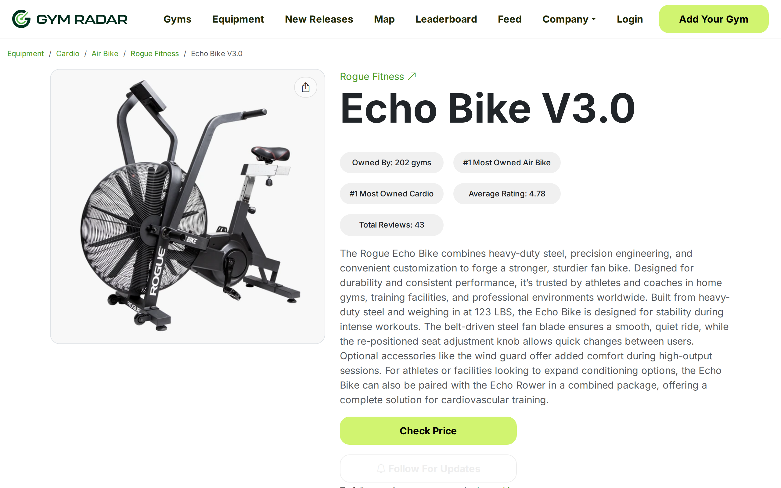 Gym Radar page for the Echo Bike V3.0 with a description of heavy-duty steel and precision engineering