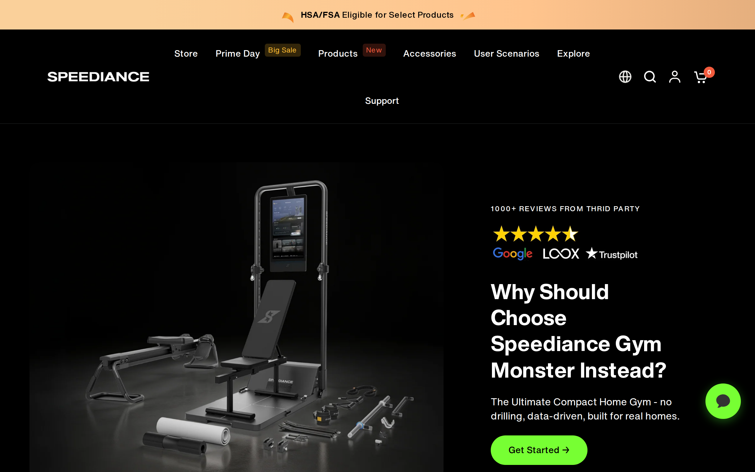Speediance's compact home gym page showing the Gym Monster beside its bench, rowing seat and accessories