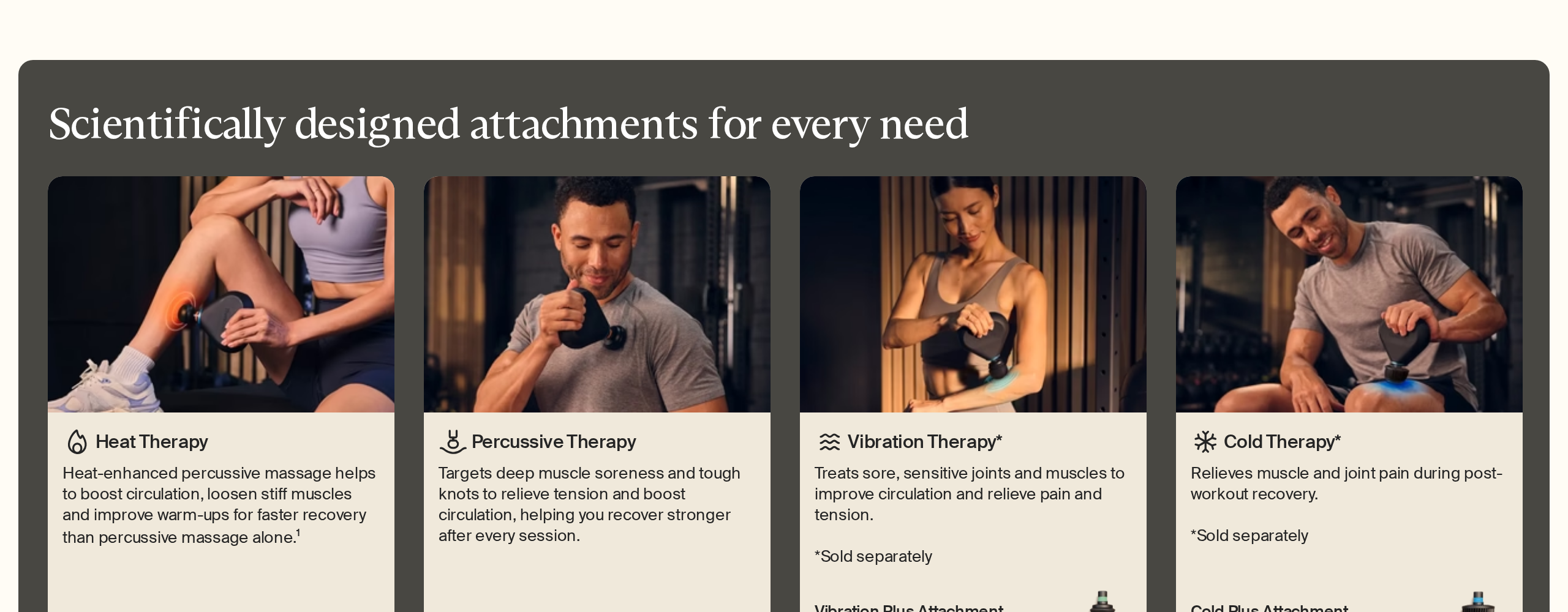 Therabody's page showing heat, percussion, vibration and cold attachments