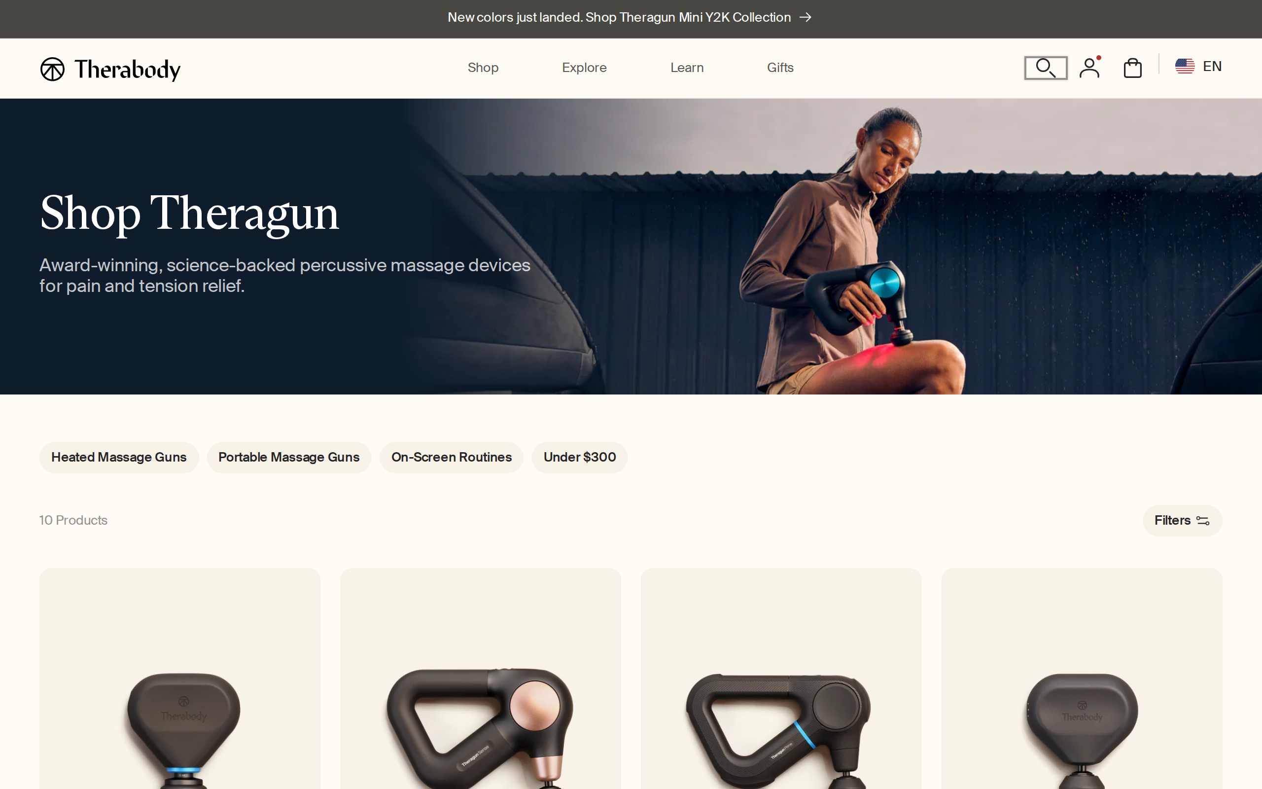 Therabody Shop Theragun page listing ten products, with the heated Theragun Mini Plus at the top