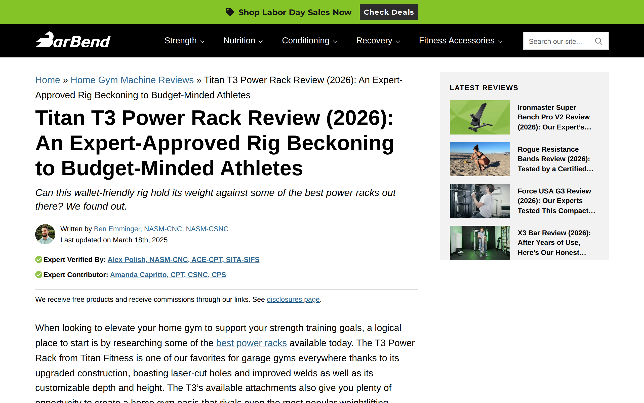 BarBend's Titan T3 Power Rack Review page with the headline calling it an expert-approved rig for budget-minded athletes