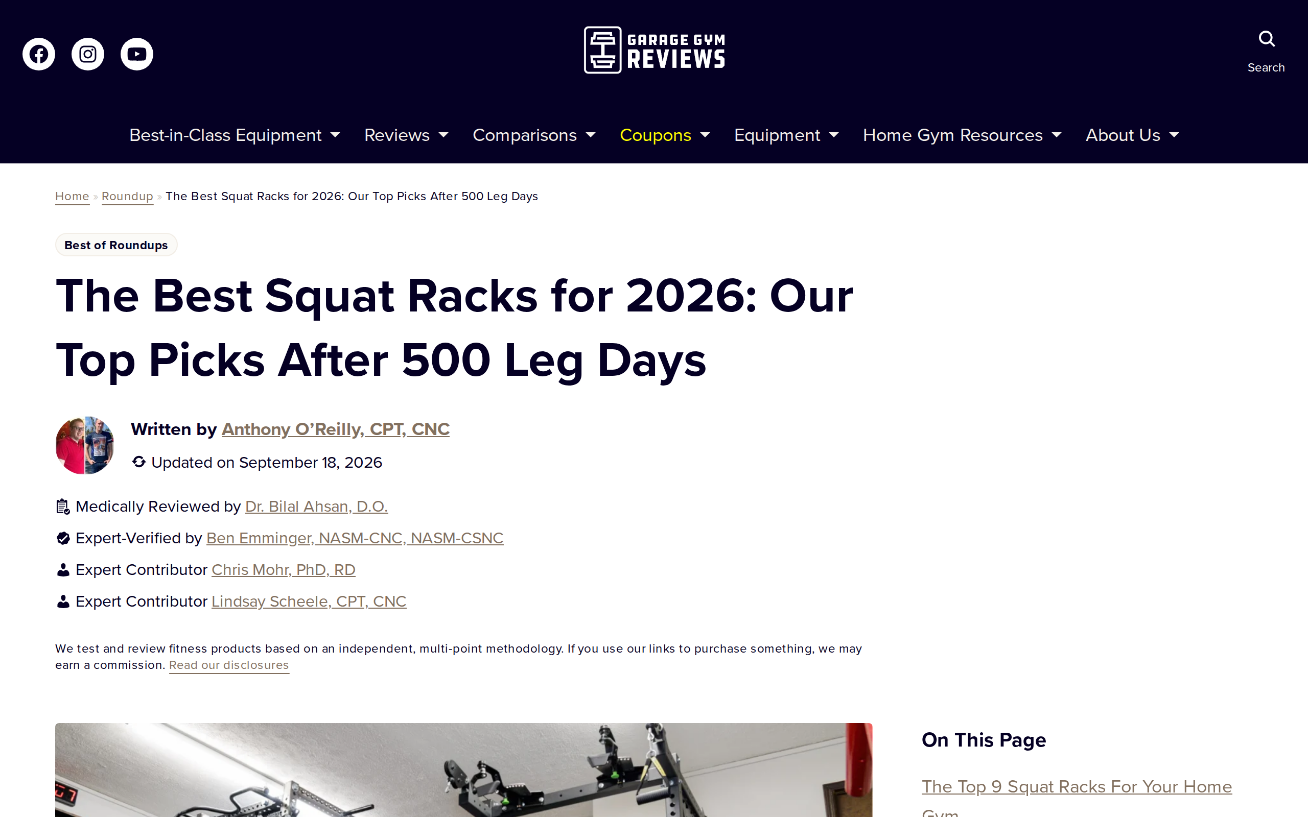 Garage Gym Reviews' roundup page titled The Best Squat Racks for 2026, with a photo of a squat rack