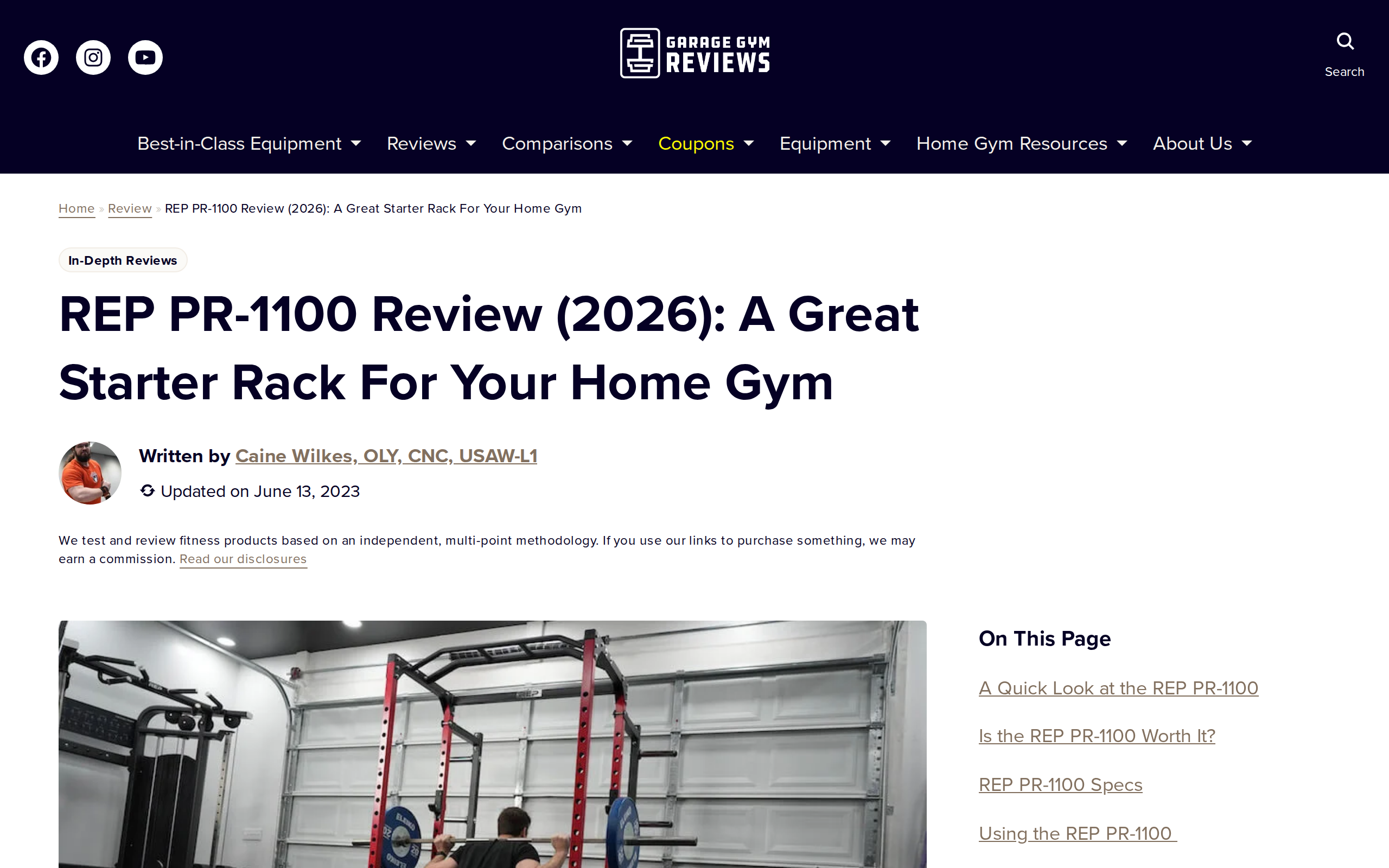 Garage Gym Reviews' REP PR-1100 review page: a great starter rack for your home gym, with a photo of the rack