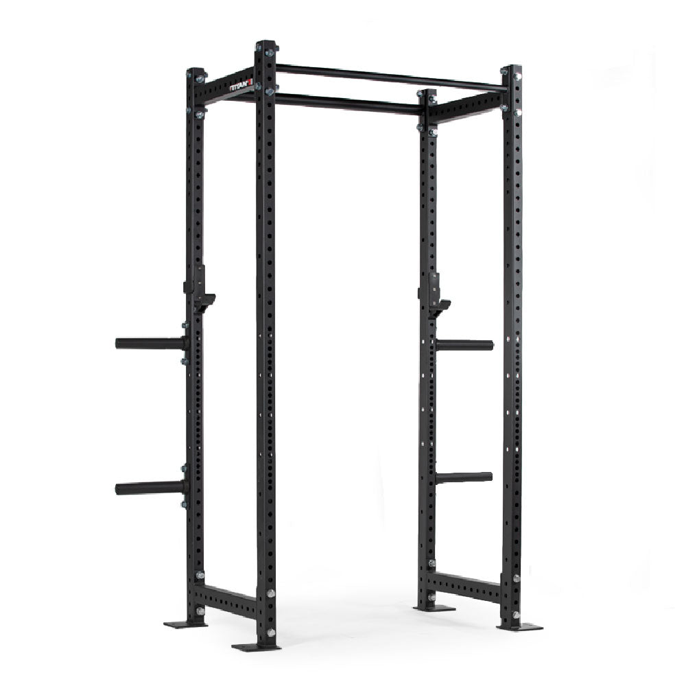 The Titan T-3 Series power rack on a white background, with four uprights, J-hooks and pull-up bars