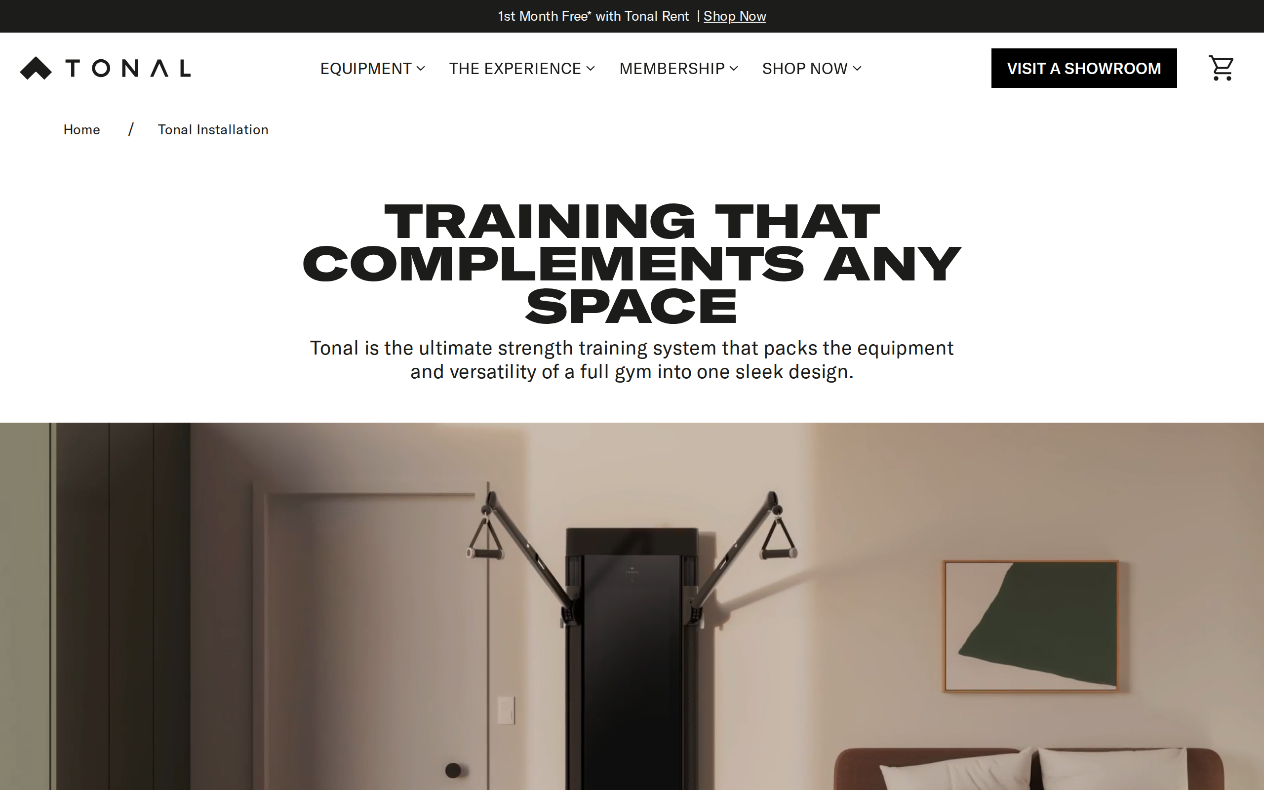 Tonal installation page headed "Training that complements any space" with a looping video of the mounted unit
