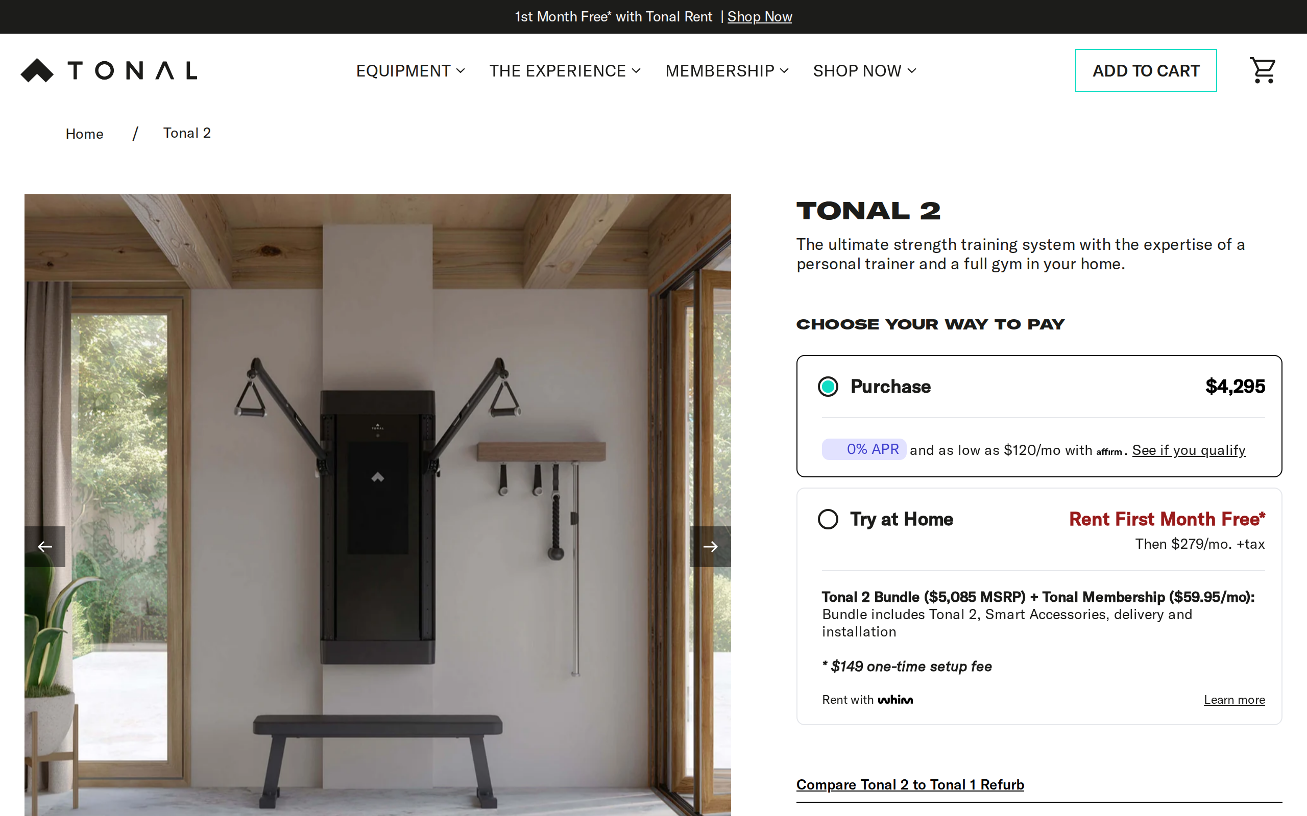 Tonal 2 product page showing the price of $4,295, a rental price of $279 per month and a $120 option