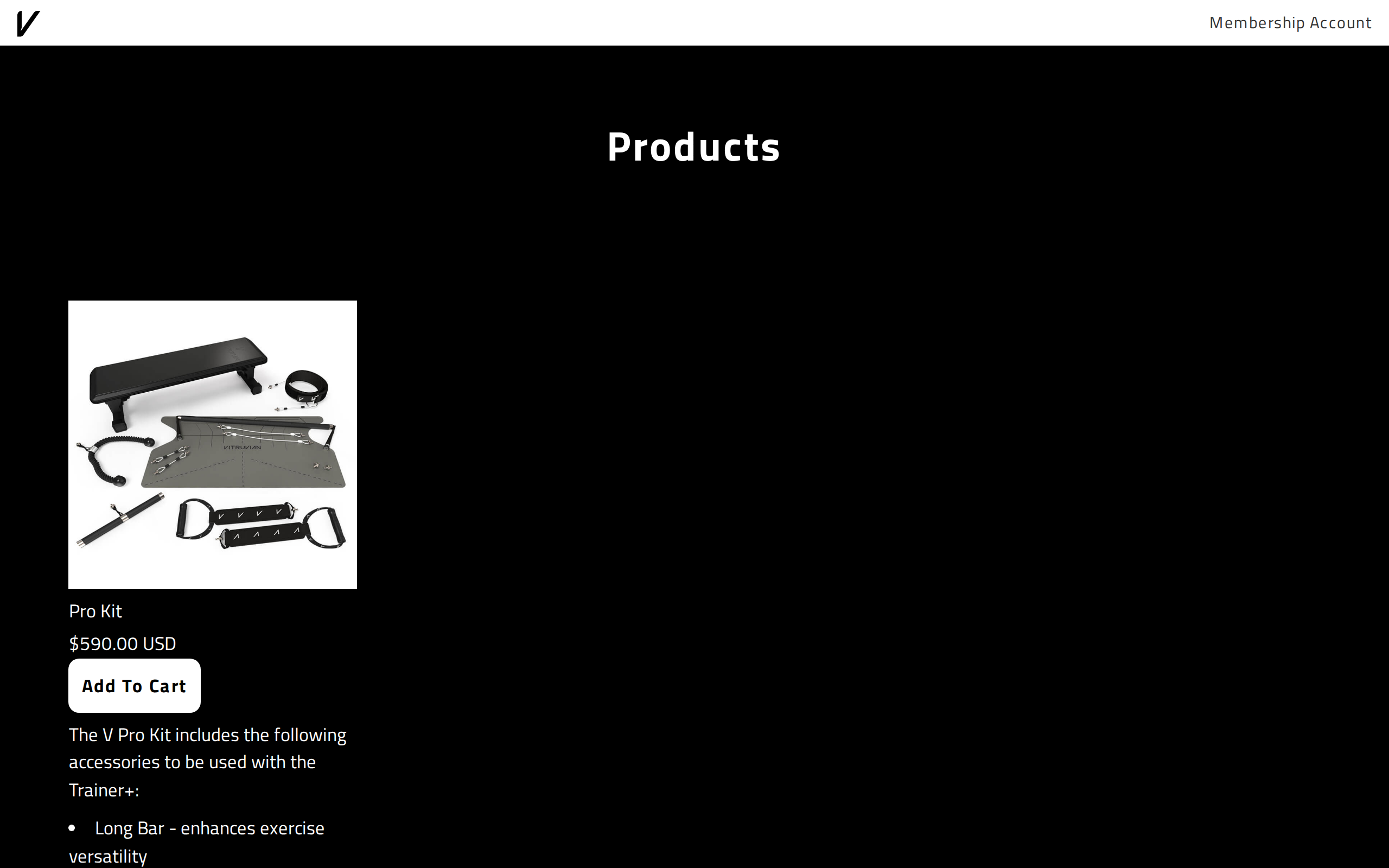 Vitruvian's products page listing the Pro Kit at $590, with notes on the long bar and other accessories