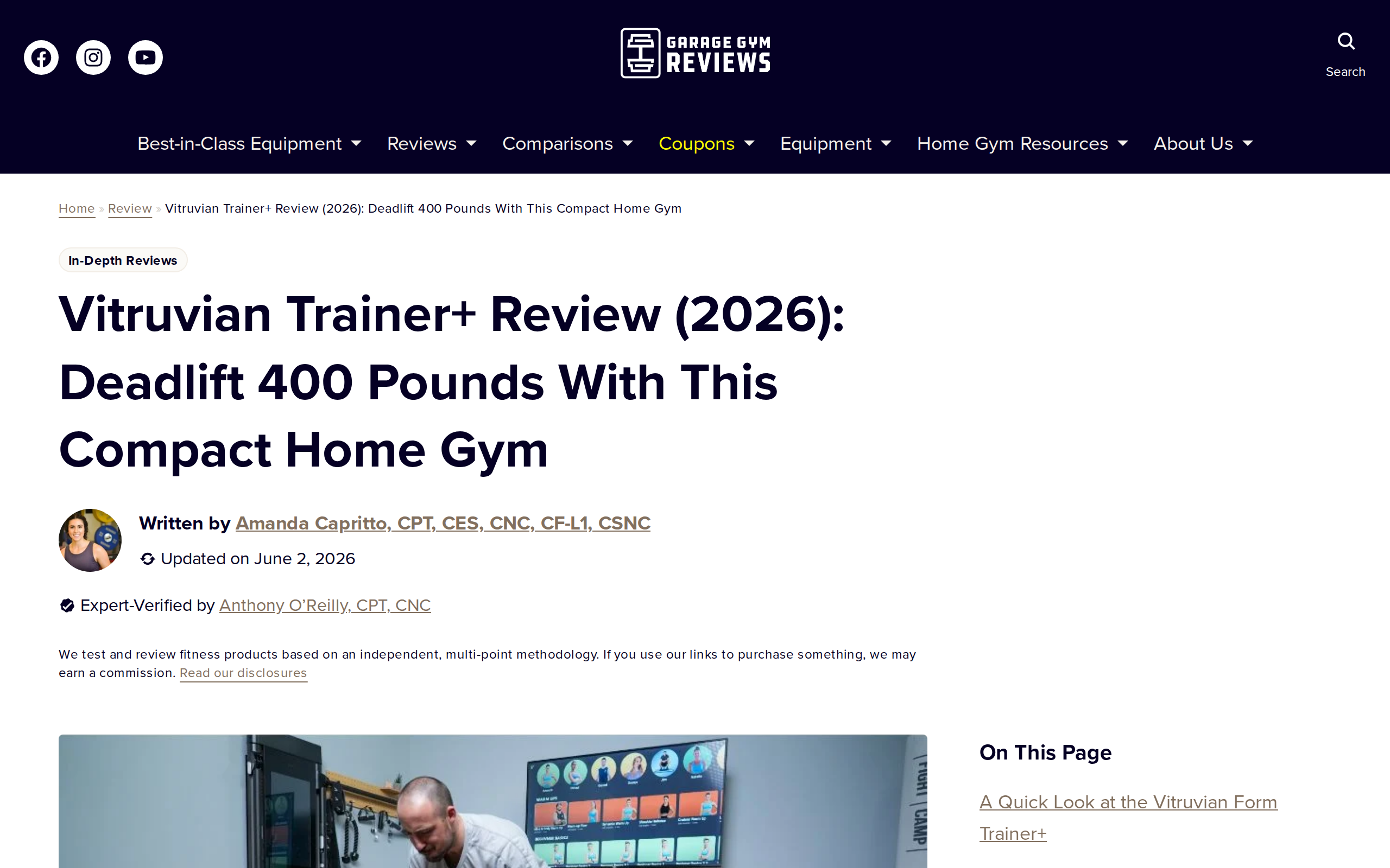 Garage Gym Reviews' Vitruvian Trainer+ review page: a headline about deadlifting 400 pounds with this compact home gym, and a photo of the pulling handles