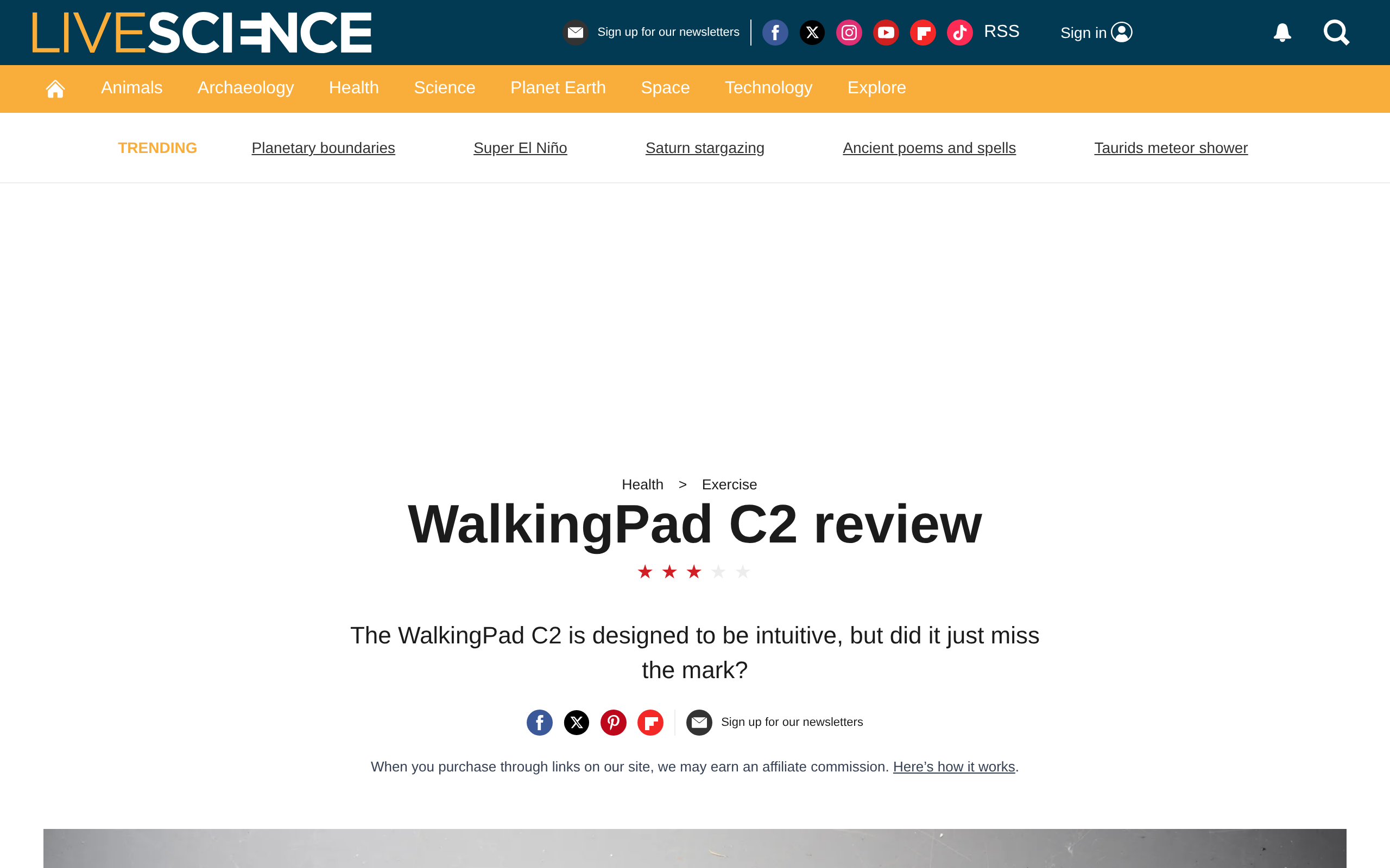 Live Science's WalkingPad C2 review page with the headline asking whether it just missed the mark
