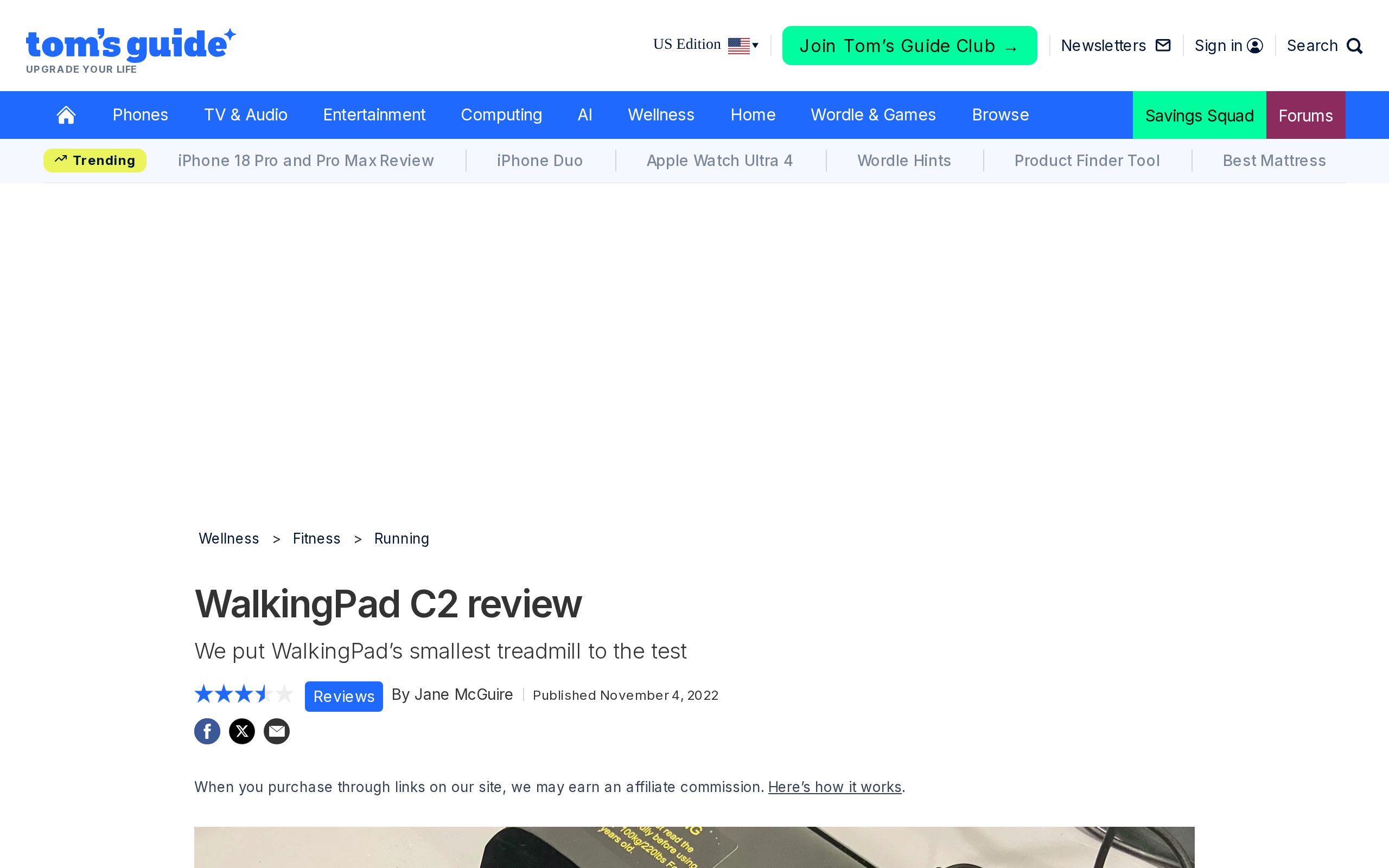 Tom's Guide WalkingPad C2 review page showing a photo of the pad's display