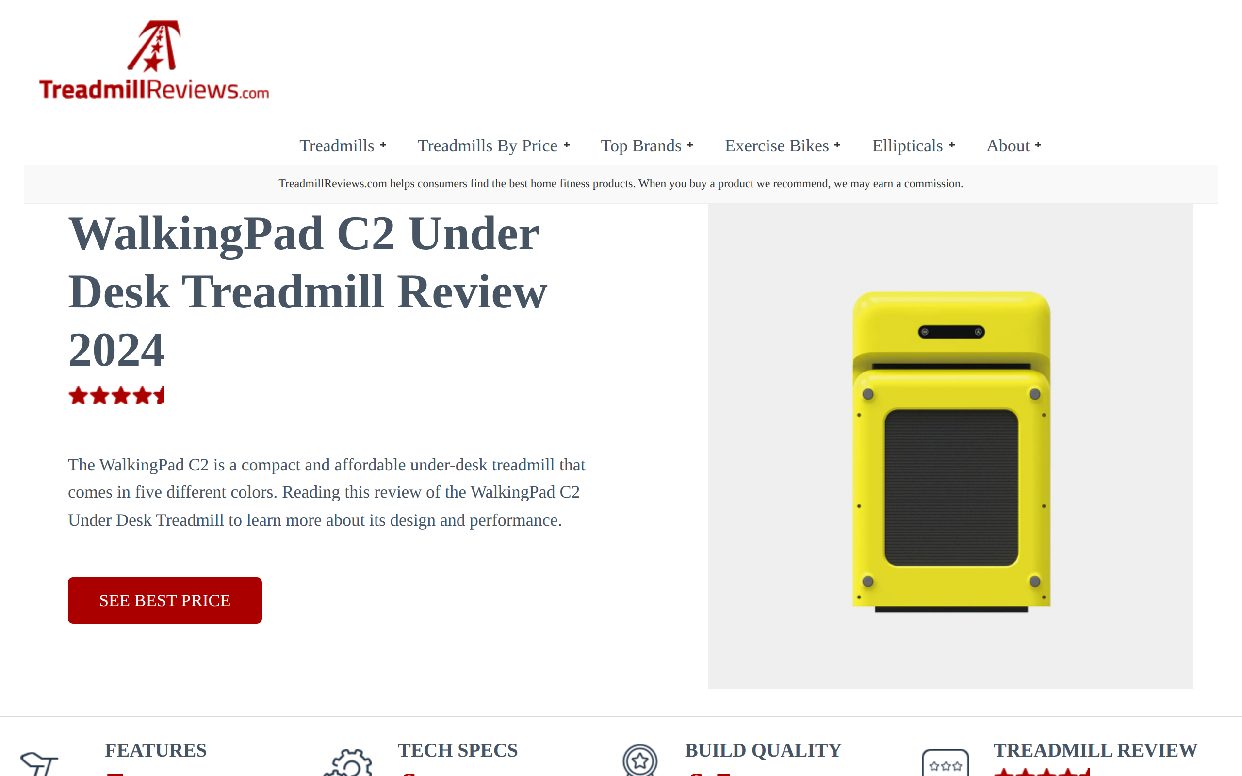 Treadmill Reviews' WalkingPad C2 under desk treadmill review with sections for features, tech specs and build quality