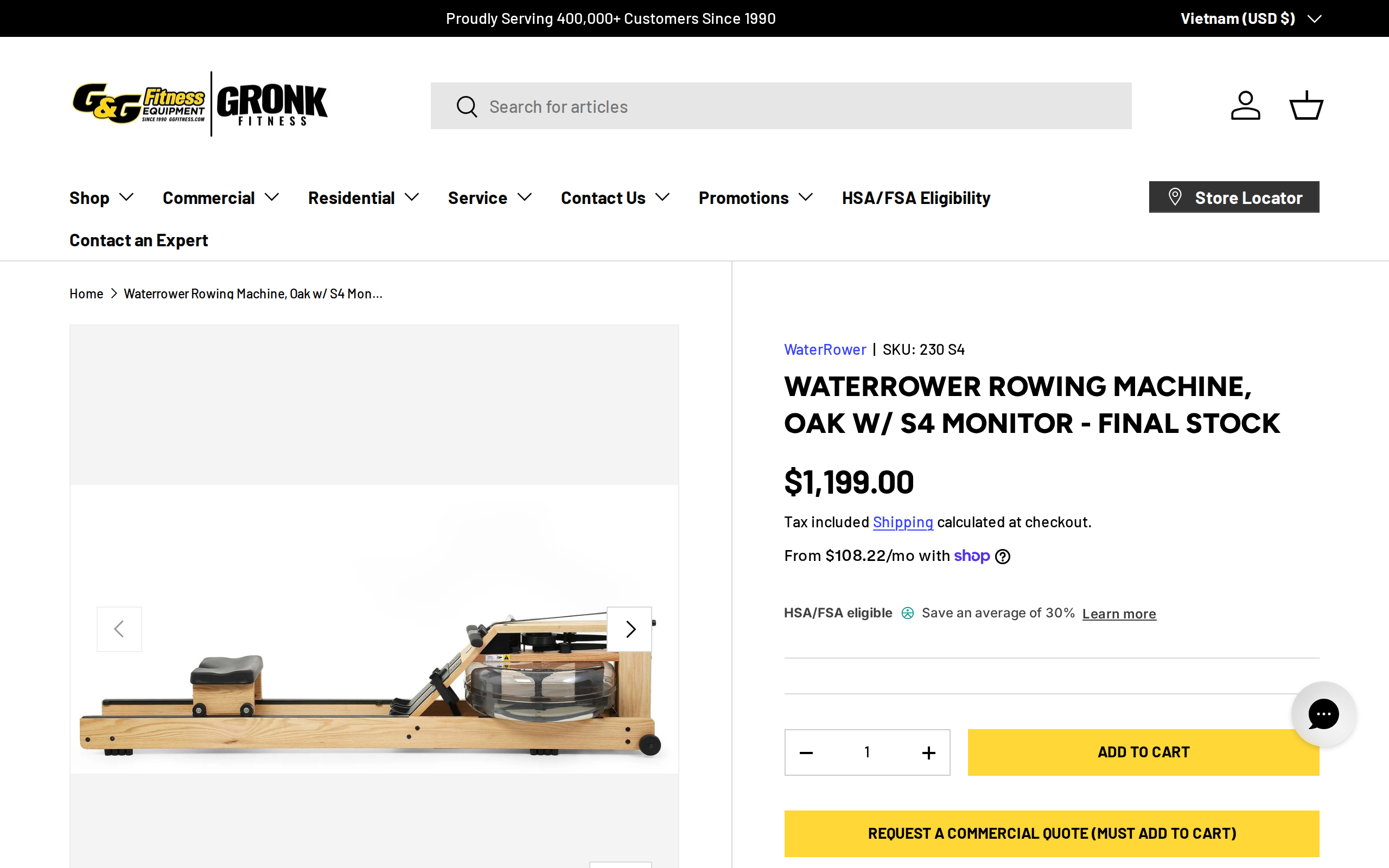 G&G Fitness listing for the WaterRower Oak rowing machine with S4 monitor, priced at 1,199 dollars